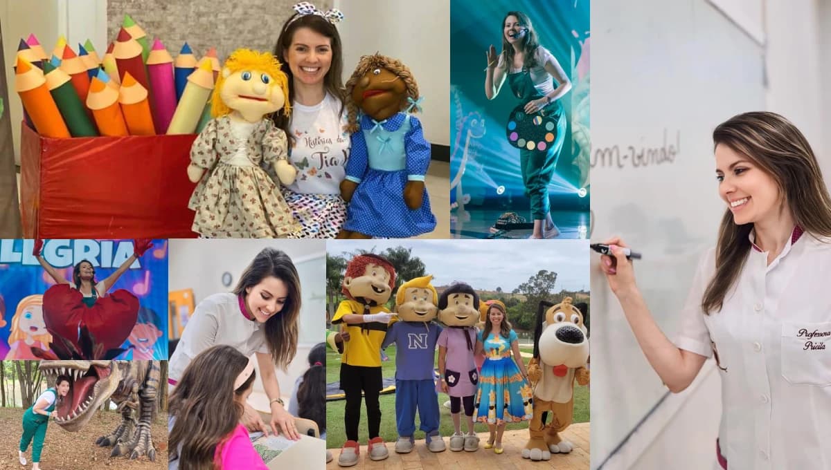 Colagem de fotos da Tia Pri: com fantoches e lápis gigantes, cantando no palco, apresentando espetáculos infantis, com personagens fantasiados e ensinando no quadro